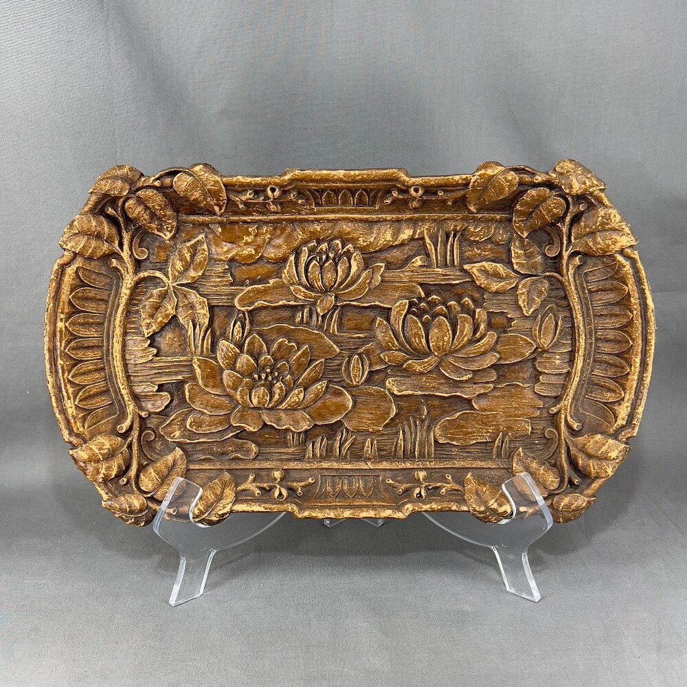 Vtg Syroco Wood Water Lily Platter Syracuse Ornamental Brown Folk Art USA 40s
